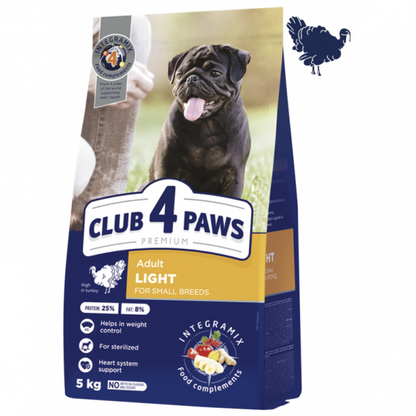 CLUB 4 PAWS Premium LIGHT. Pro dospělé psy malých plemen sterilizované krůta. Na váhu 100g (7851*) - Kliknutím zobrazíte detail obrázku.