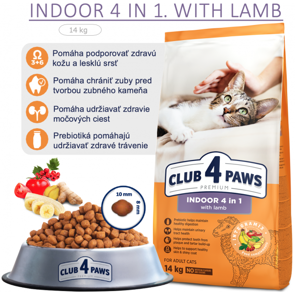 CLUB 4 PAWS Premium Indoor 4 in 1. For adult cats With lamb 14 kg (9473) - Kliknutím zobrazíte detail obrázku.