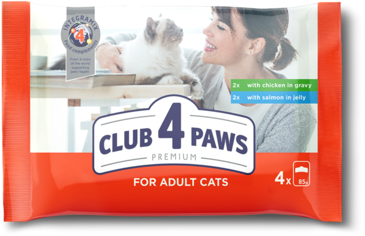 CLUB 4 PAWS Premium. SET Pro dospělé kočky S kuřecím masem v omáčce, S lososem v želé 4x80g (9060)