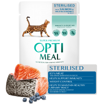 OPTIMEAL™ Superpremium pro sterilizované kočky s lososem a lesními borůvkami v želé 85g (0141)