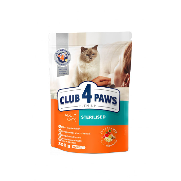 CLUB 4 PAWS Premium Sterilised. Pro dospělé sterilizované kočky 300 g (9245) - Kliknutím zobrazíte detail obrázku.