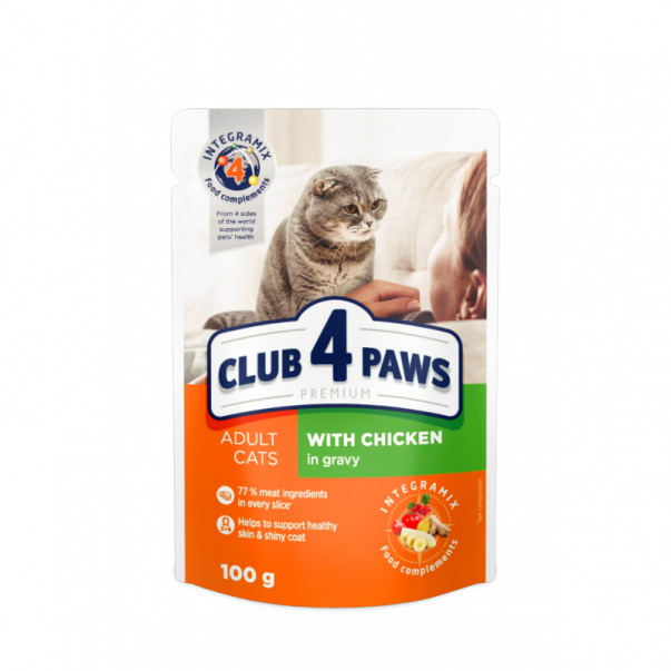 CLUB 4 PAWS Premium S kuřecím masem v omáčkách 100 g (0504) - Kliknutím zobrazíte detail obrázku.
