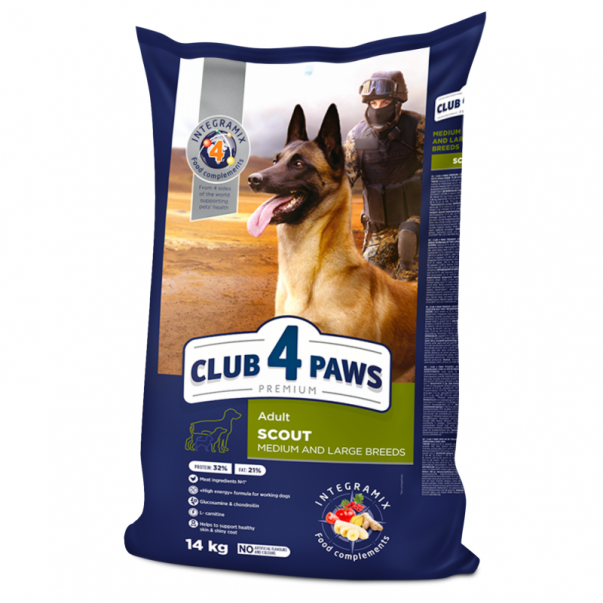 CLUB 4 PAWS Premium SCOUT. Pro aktivní a pracovní psy středních a velkých plemen 14 kg (2917) - Kliknutím zobrazíte detail obrázku.