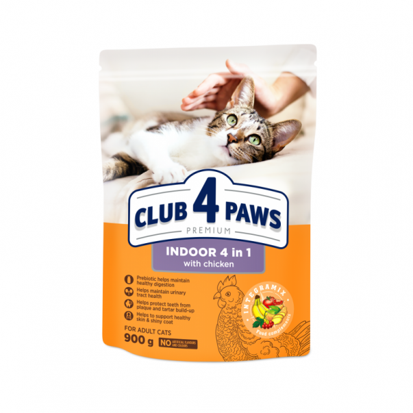 CLUB 4 PAWS Premium Indoor 4 in 1. Pro dospělé kočky žijící v bytě 900g (9412) - Kliknutím zobrazíte detail obrázku.