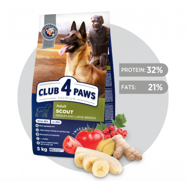 CLUB 4 PAWS Premium SCOUT. Pro aktivní a pracovní psy středních a velkých plemen 5 kg (3587) - Kliknutím zobrazíte detail obrázku.
