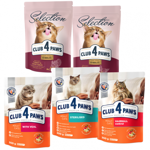 CLUB 4 PAWS Premium Degustační SET pro kočky (5 x 300g) 1,5 kg (2353) - Kliknutím zobrazíte detail obrázku.