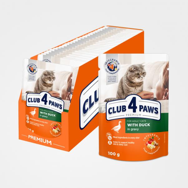 CLUB 4 PAWS Premium S kachnou v omáčce. Pro dospělé kočky 24x100g - Kliknutím zobrazíte detail obrázku.