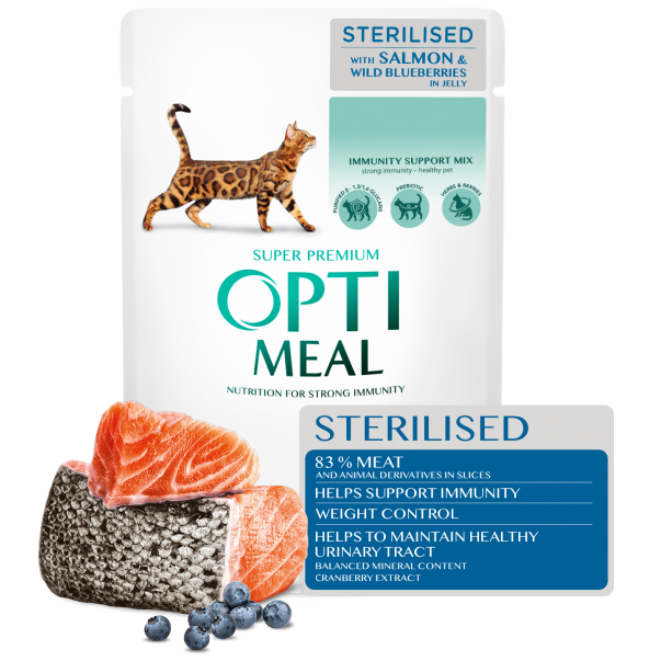 OPTIMEAL™ Superpremium pro sterilizované kočky s lososem a lesními borůvkami v želé 85g (0141) - Kliknutím zobrazíte detail obrázku.
