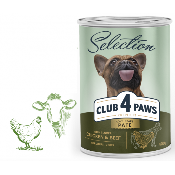 CLUB 4 PAWS Premium Selection - Jemná paštika s kuřecím a hovězím masem 400g (9466) - Kliknutím zobrazíte detail obrázku.