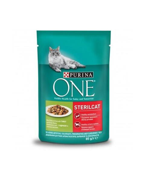 PURINA ONE cat Sterilcat mini filetky s krůtou a zelenými fazolkami ve šťávě 26x85g